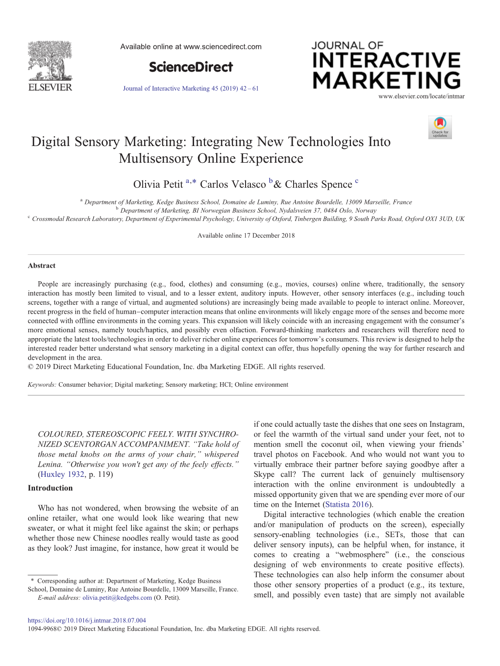 Digital Sensory Marketing: Integrating New Technologies Into Multisensory Online Experience ⁎ Olivia Petit A, Carlos Velasco B& Charles Spence C