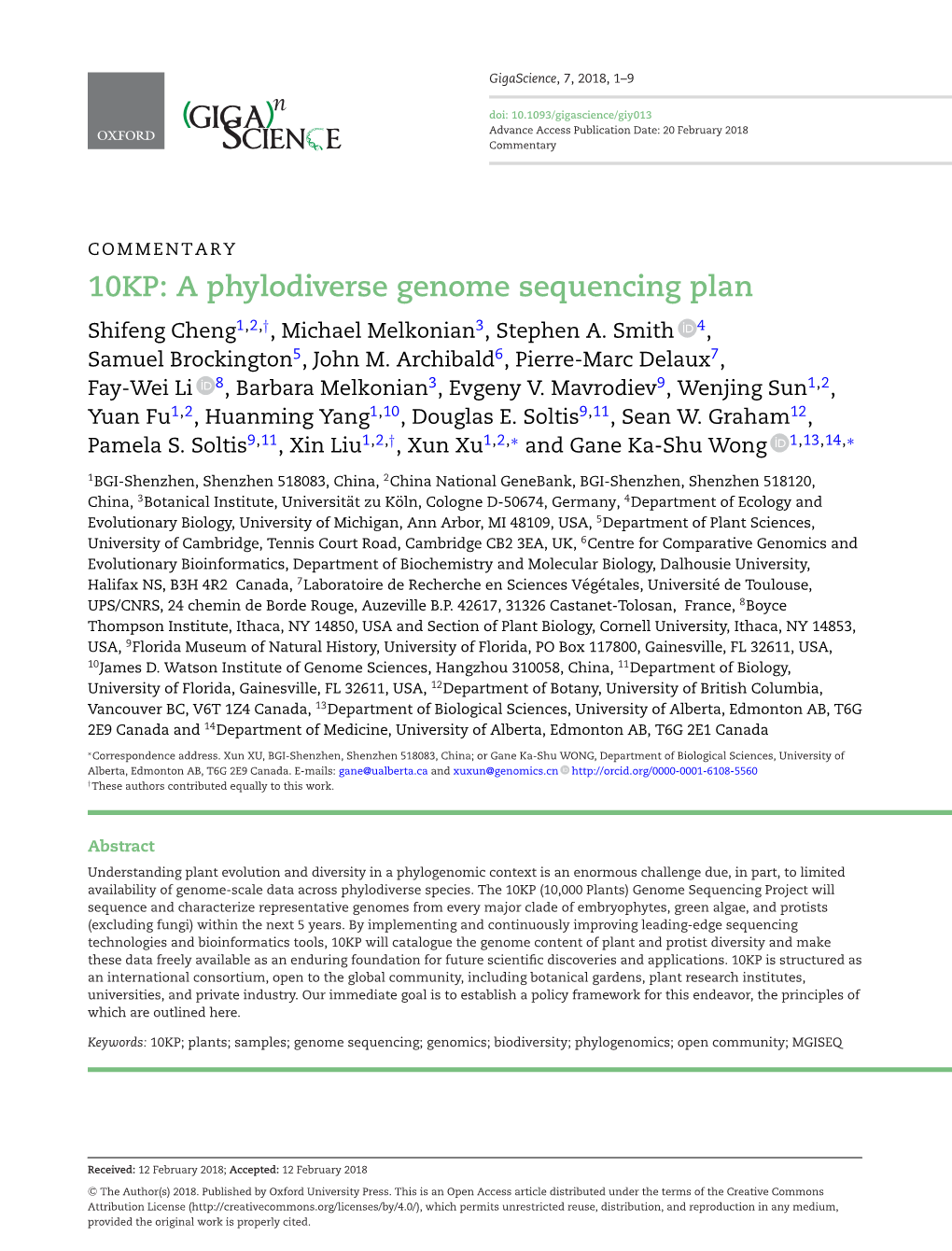 A Phylodiverse Genome Sequencing Plan Shifeng Cheng1,2,†, Michael Melkonian3, Stephen A