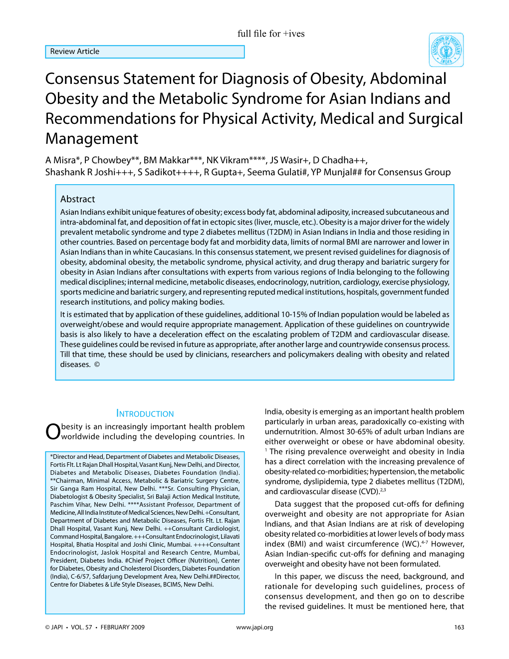 Consensus Statement for Diagnosis of Obesity, Abdominal