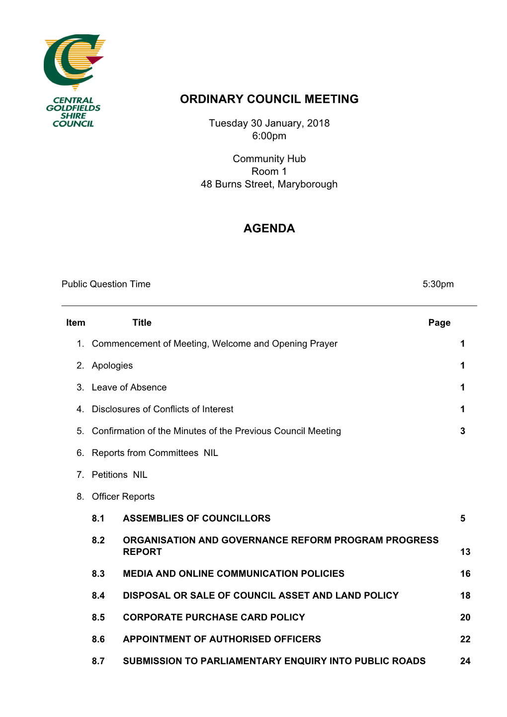 Ordinary Council Meeting Agenda