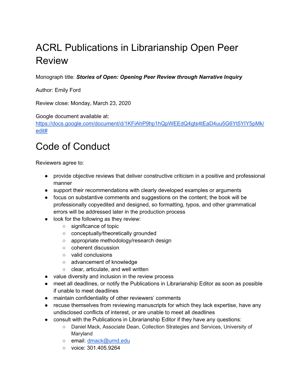 ACRL Publications in Librarianship Open Peer Review Code of Conduct