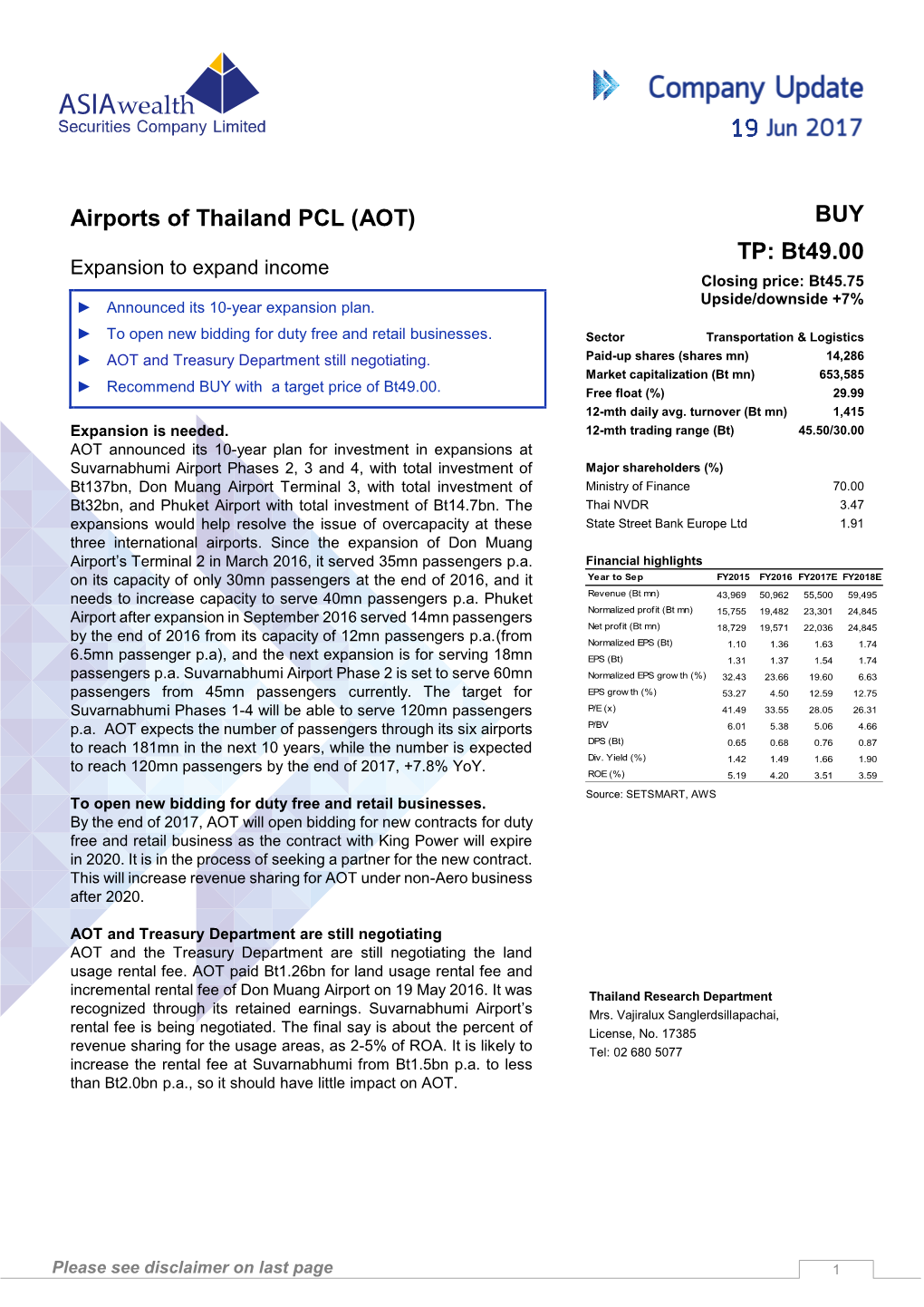 Airports of Thailand PCL (AOT) BUY TP: Bt49.00 Expansion to Expand Income Closing Price: Bt45.75 Upside/Downside +7% ► Announced Its 10-Year Expansion Plan