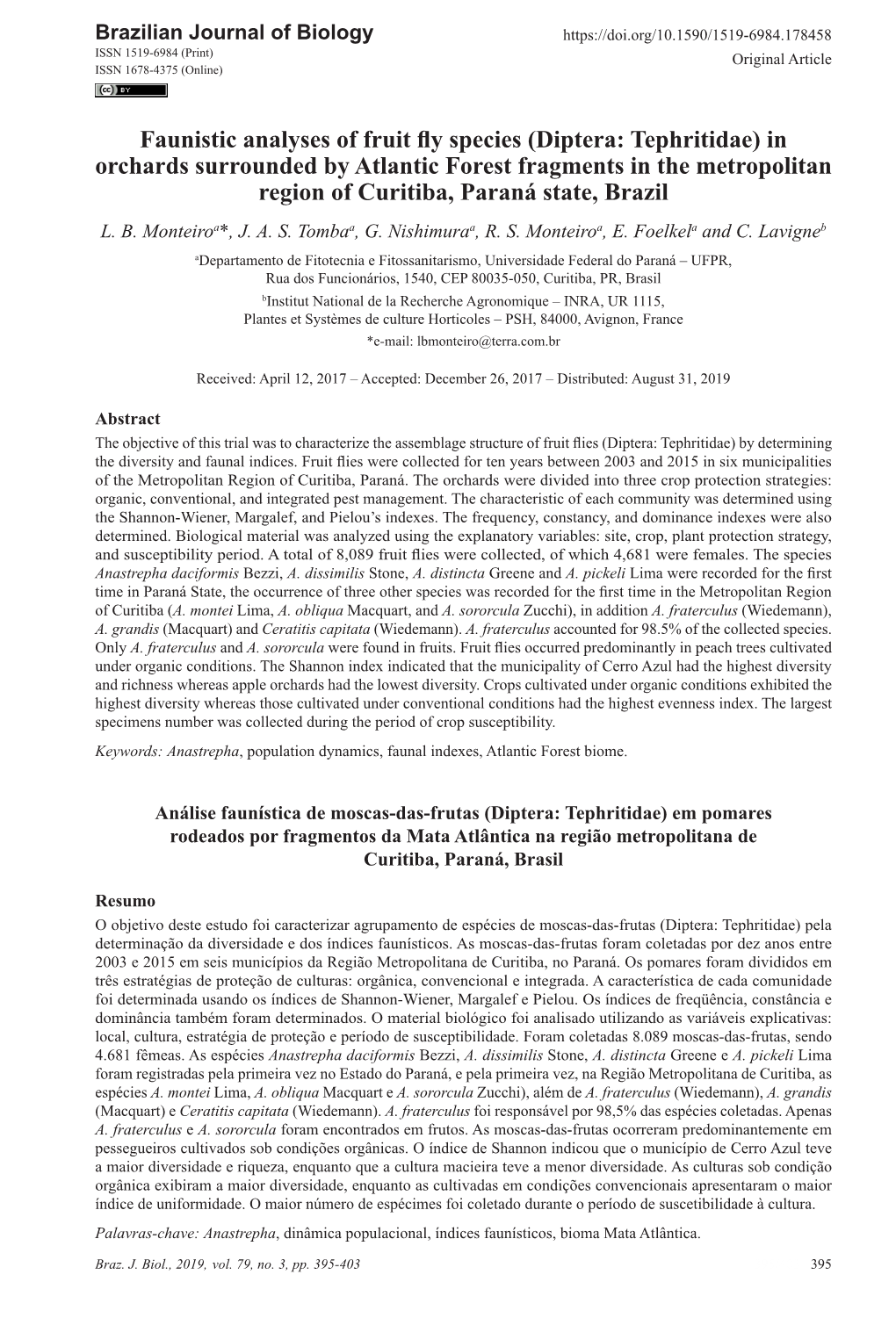 Faunistic Analyses of Fruit Fly Species (Diptera: Tephritidae)