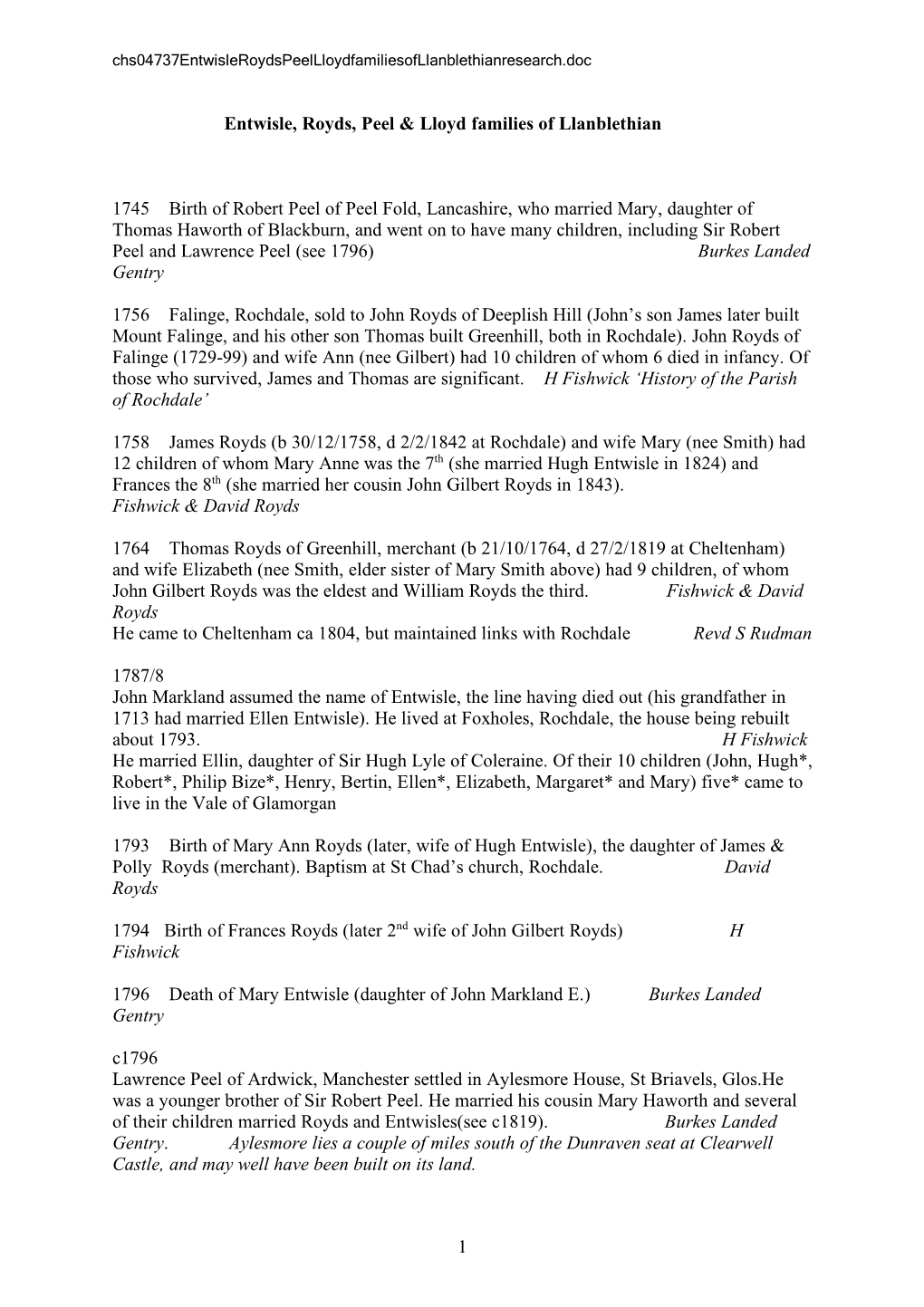 1 Entwisle, Royds, Peel & Lloyd Families of Llanblethian 1745 Birth