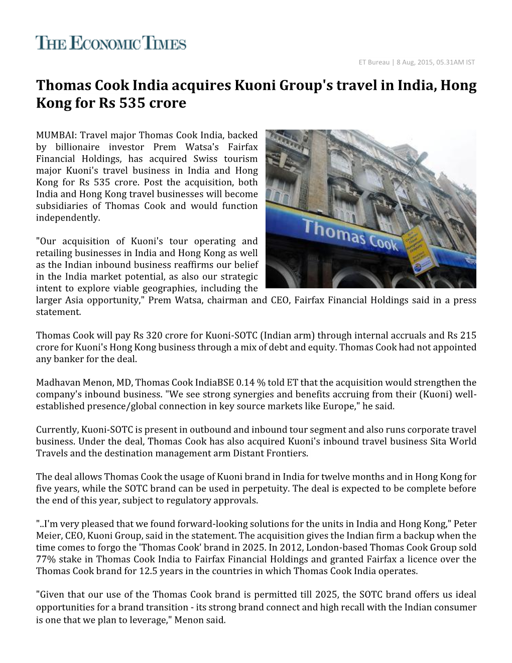 Thomas Cook India Acquires Kuoni Group's Travel in India, Hong Kong for Rs 535 Crore