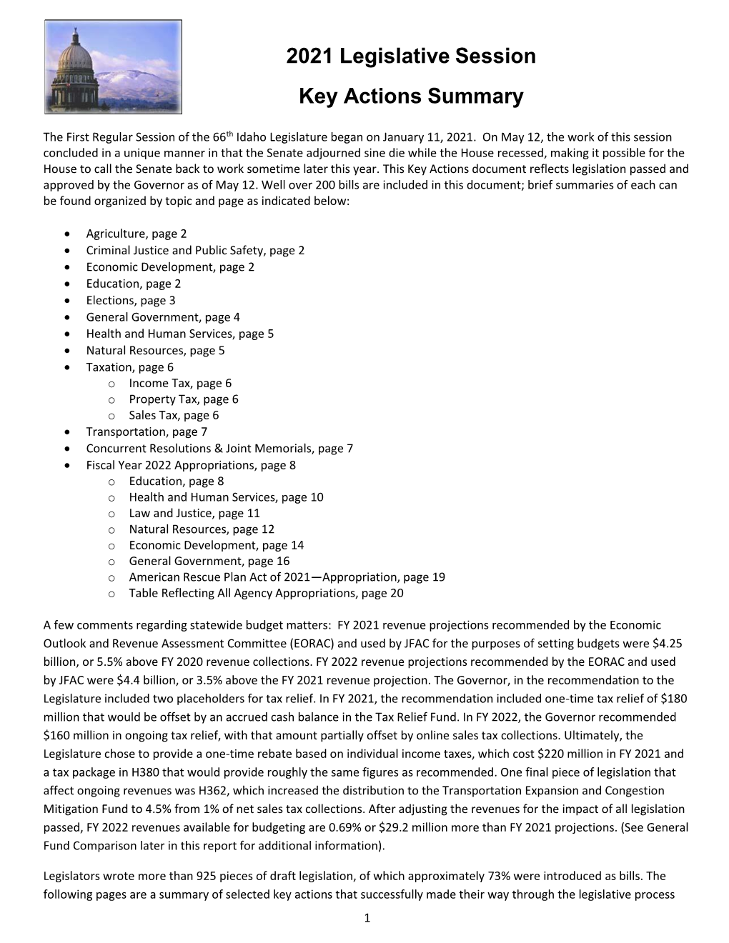 2021 Legislative Session Key Actions Summary