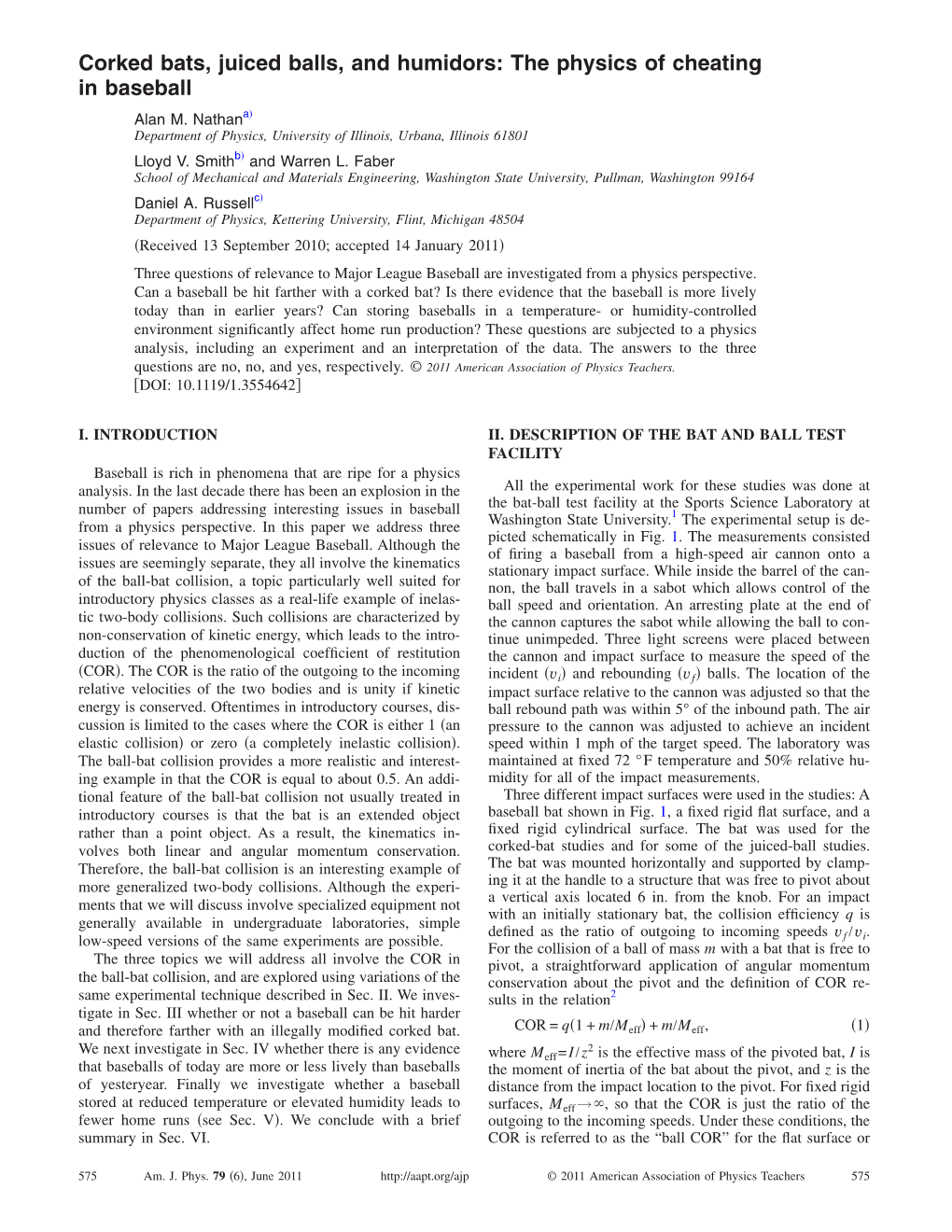 Corked Bats, Juiced Balls, and Humidors: the Physics of Cheating in Baseball ͒ Alan M