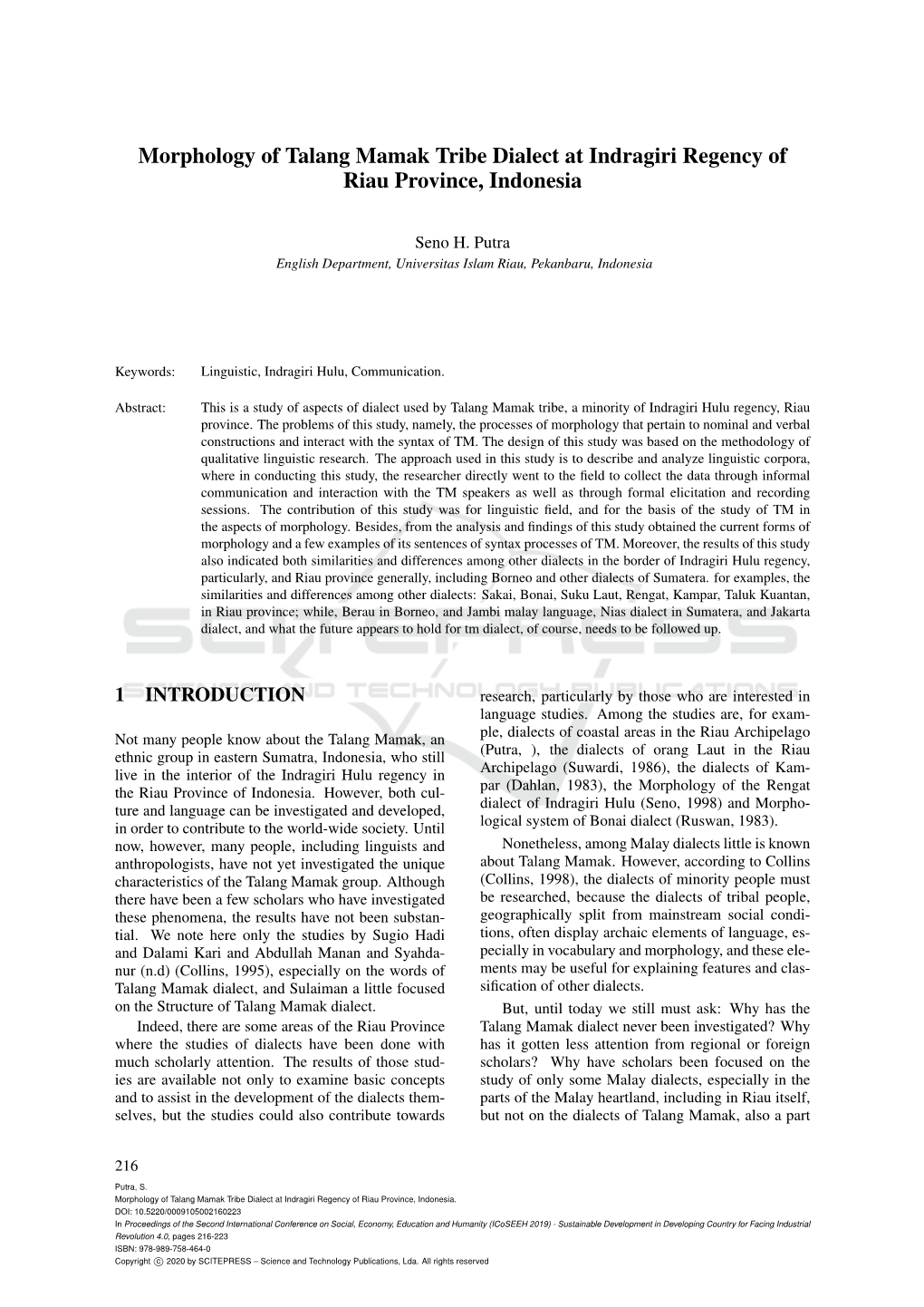 Morphology of Talang Mamak Tribe Dialect at Indragiri Regency of Riau Province, Indonesia