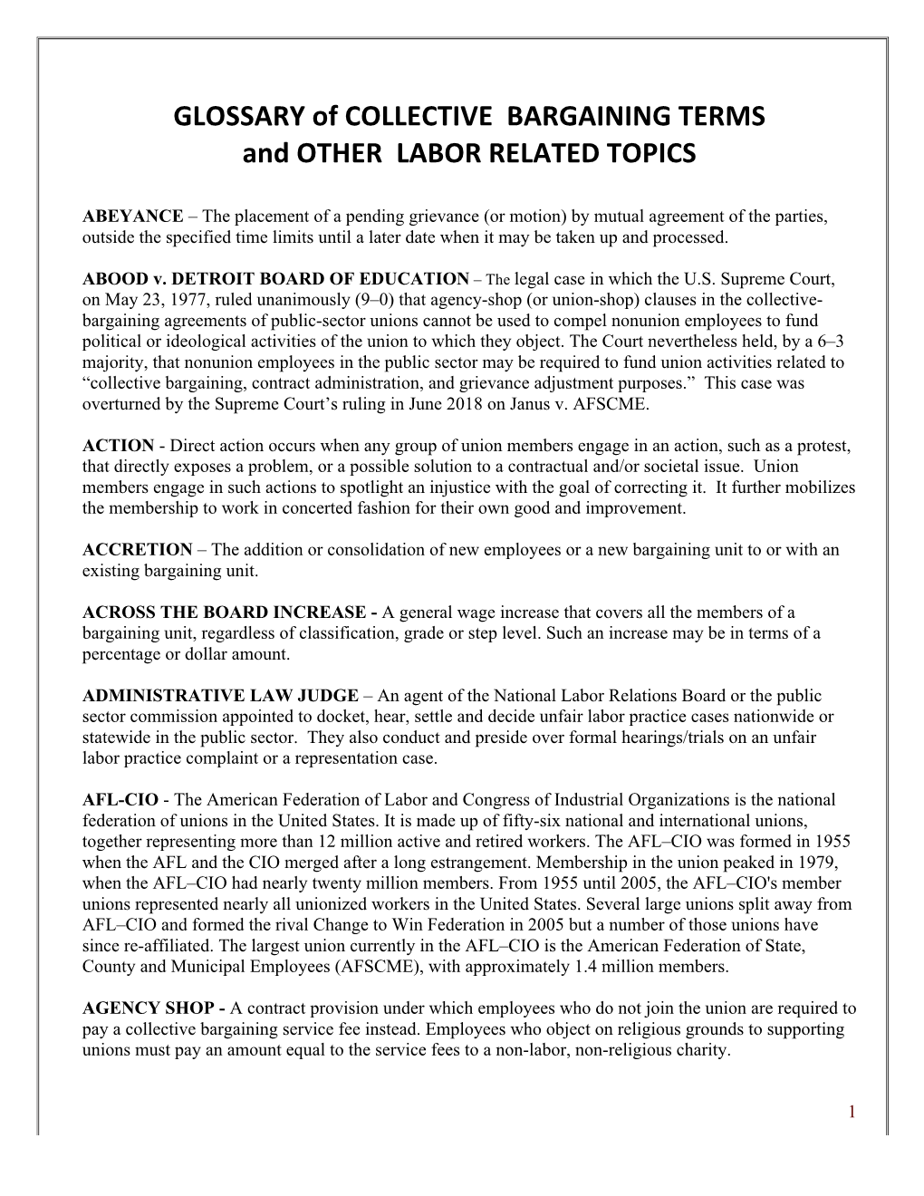 GLOSSARY of COLLECTIVE BARGAINING TERMS and OTHER LABOR RELATED TOPICS