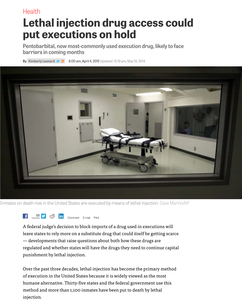 Lethal Injection Drug Access Could Put Executions on Hold Pentobarbital, Now Most-Commonly Used Execution Drug, Likely to Face Barriers in Coming Months