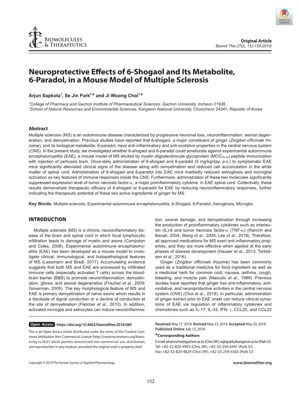 Neuroprotective Effects of 6-Shogaol and Its Metabolite, 6-Paradol, in a Mouse Model of Multiple Sclerosis