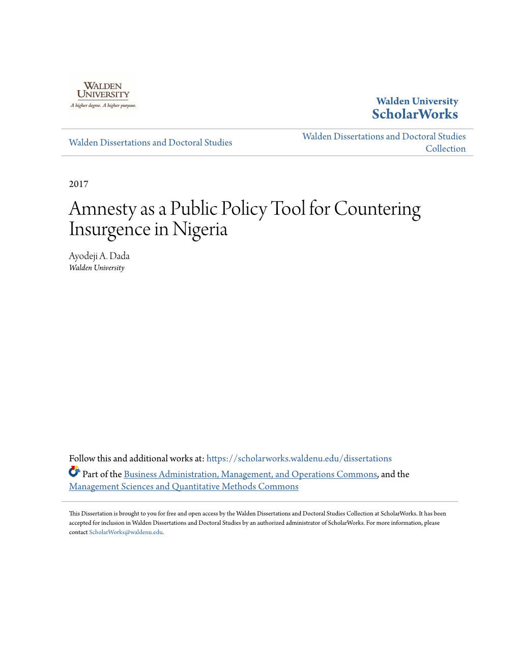 Amnesty As a Public Policy Tool for Countering Insurgence in Nigeria Ayodeji A