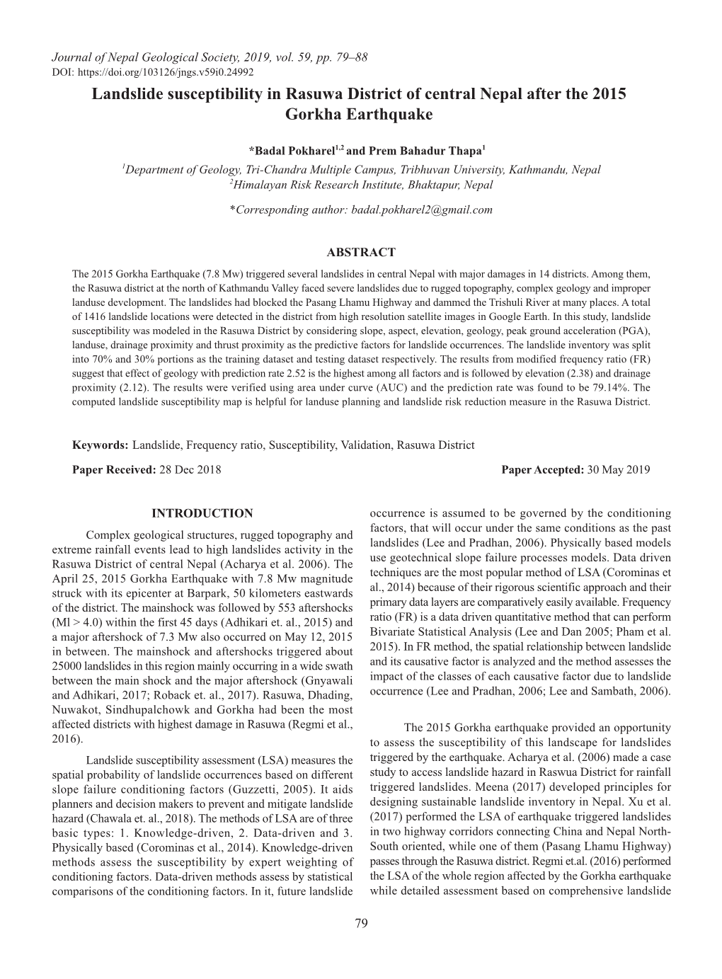 Landslide Susceptibility in Rasuwa District of Central Nepal After the 2015 Gorkha Earthquake