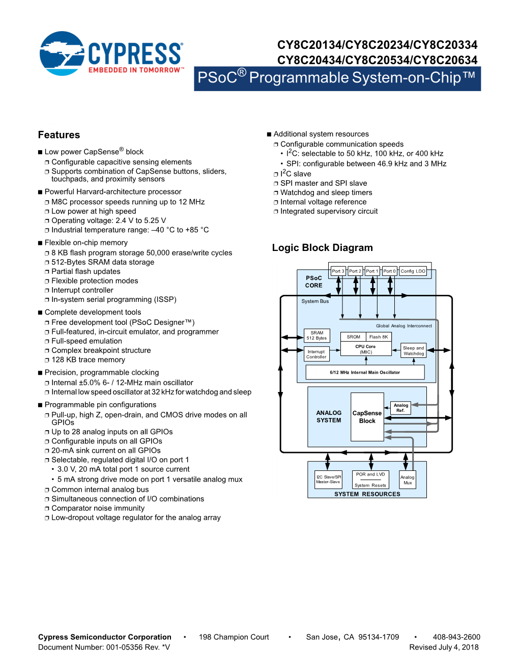 CY8C20134/CY8C20234/CY8C20334 CY8C20434/CY8C20534/CY8C20634 Psoc® Programmable System-On-Chip™