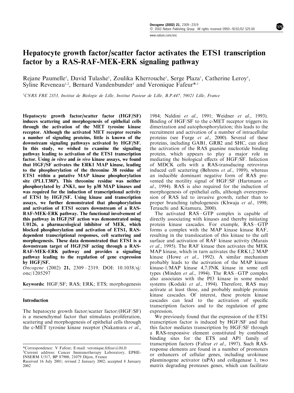 Hepatocyte Growth Factor/Scatter Factor Activates the ETS1 Transcription Factor by a RAS-RAF-MEK-ERK Signaling Pathway