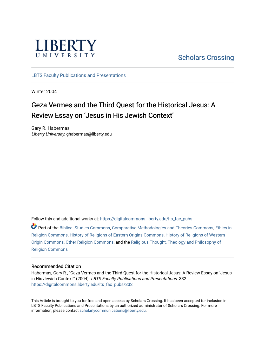 Geza Vermes and the Third Quest for the Historical Jesus: a Review Essay on ‘Jesus in His Jewish Context’