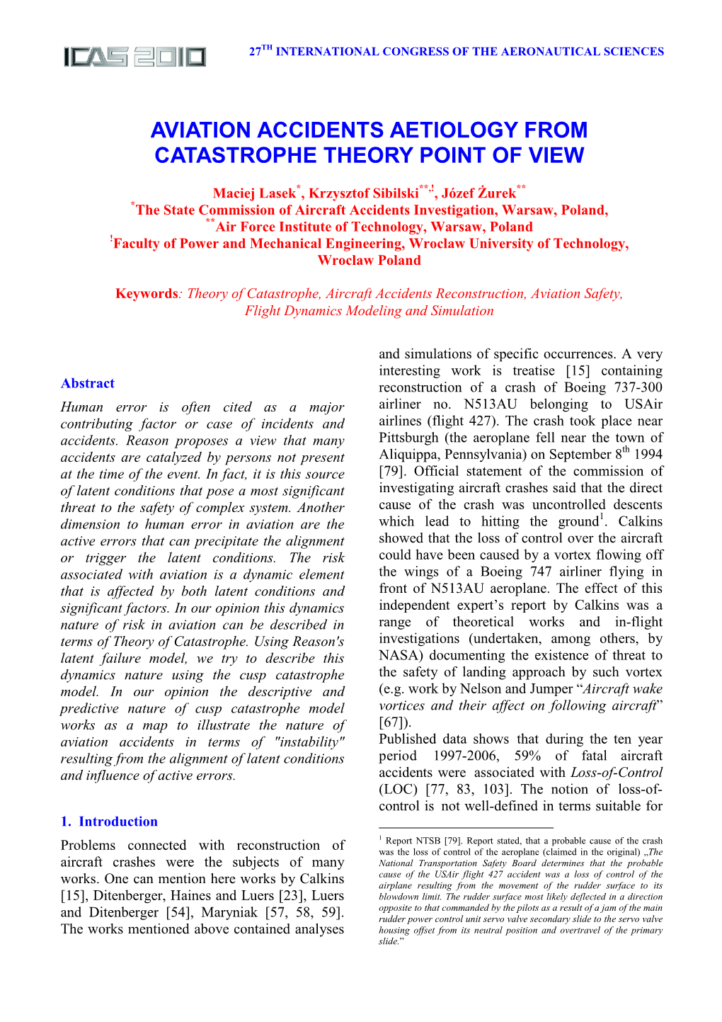 Aviation Accidents Aetiology from Catastrophe Theory Point of View