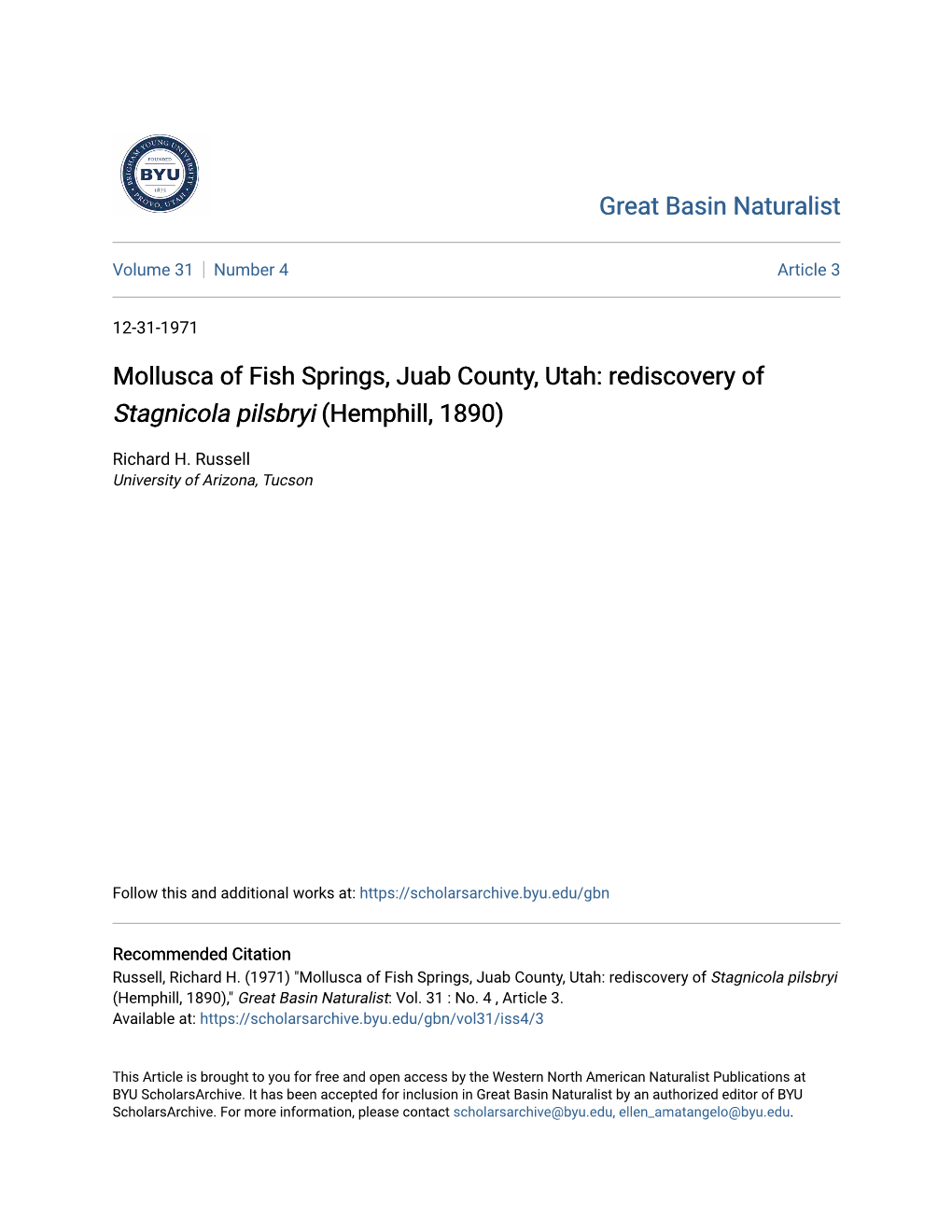 Mollusca of Fish Springs, Juab County, Utah: Rediscovery of Stagnicola Pilsbryi (Hemphill, 1890)