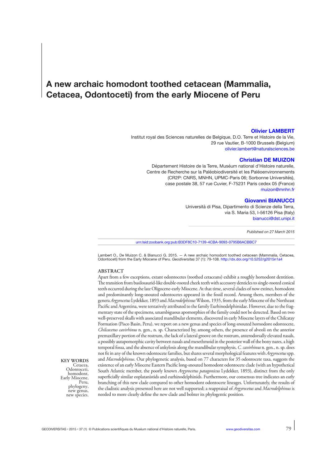 (Mammalia, Cetacea, Odontoceti) from the Early Miocene of Peru