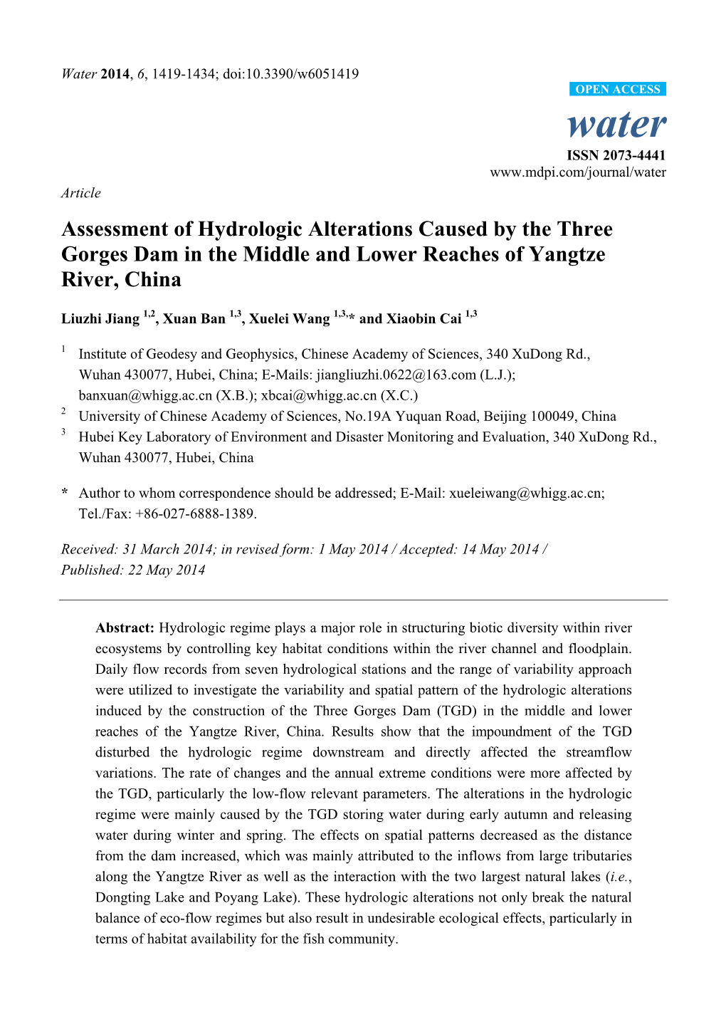 Assessment of Hydrologic Alterations Caused by the Three Gorges Dam in the Middle and Lower Reaches of Yangtze River, China
