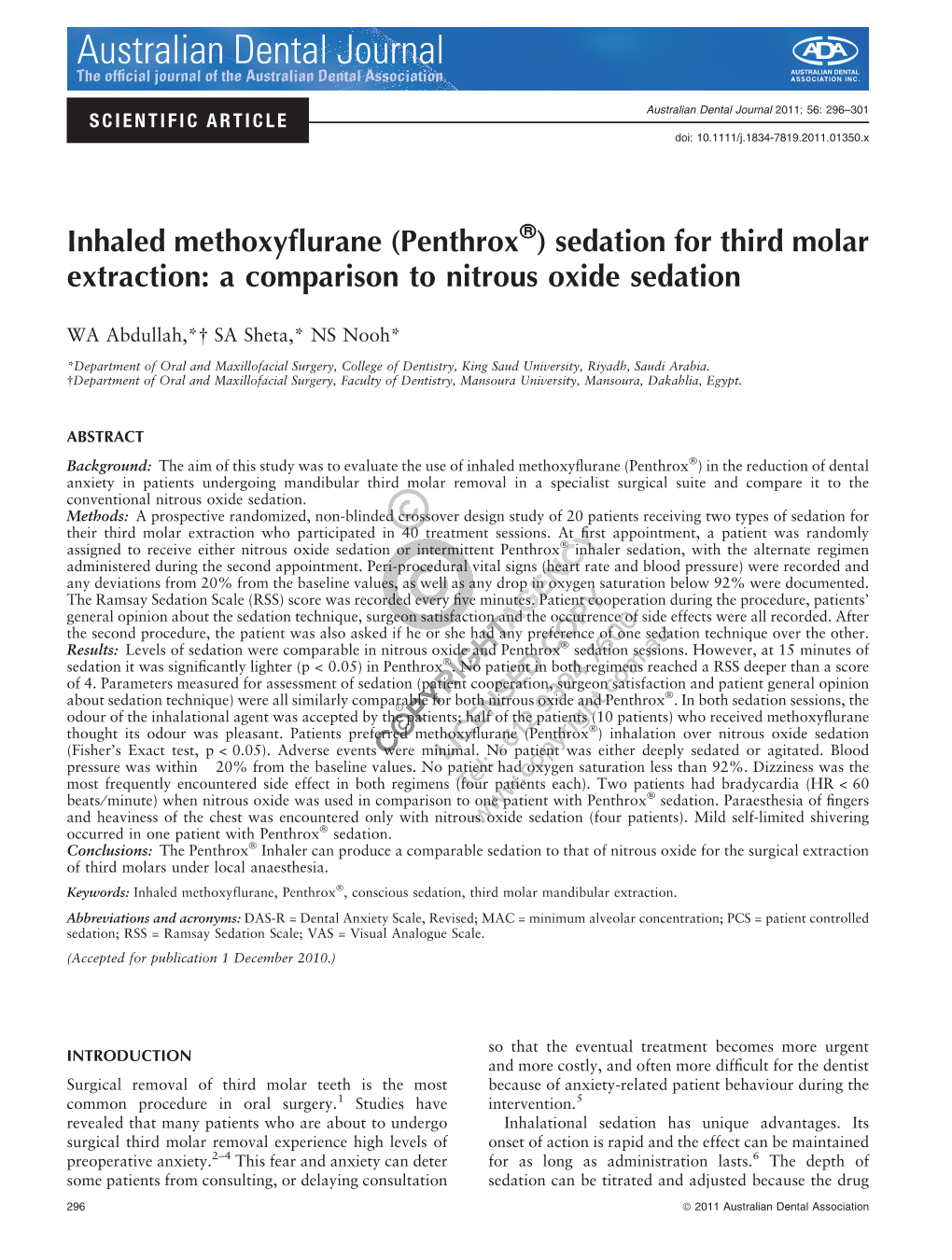 Inhaled Methoxyflurane (Penthrox) Sedation for Third Molar Extraction