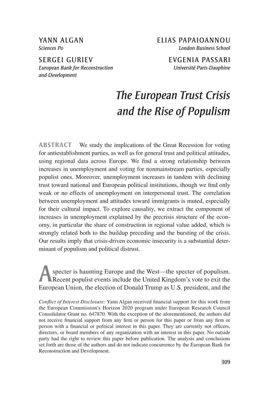 The European Trust Crisis and the Rise of Populism