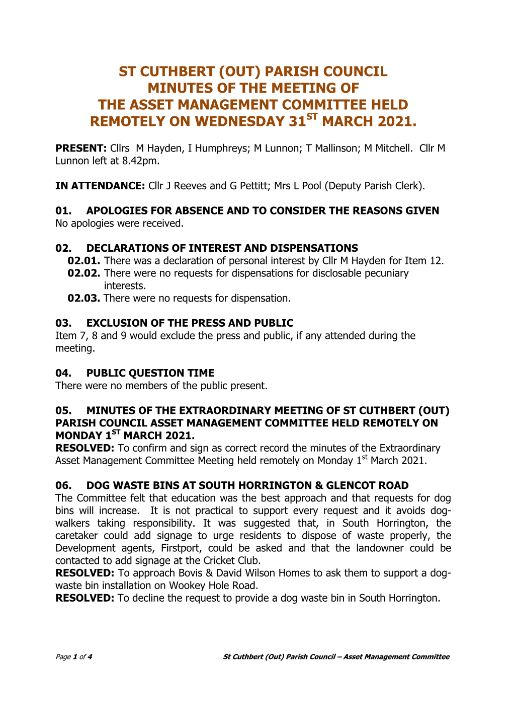 (Draft) Minutes, Asset Management