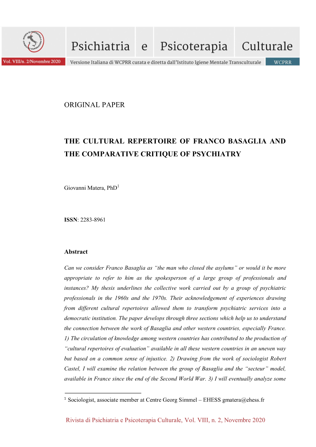 The Cultural Repertoire of Franco Basaglia and the Comparative Critique of Psychiatry