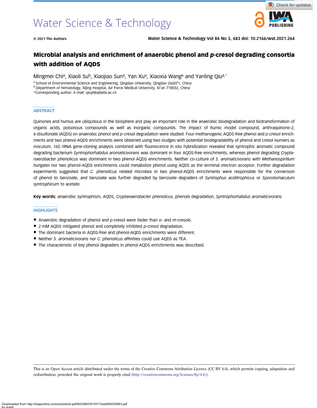 Microbial Analysis and Enrichment of Anaerobic Phenol and P-Cresol Degrading Consortia with Addition of AQDS