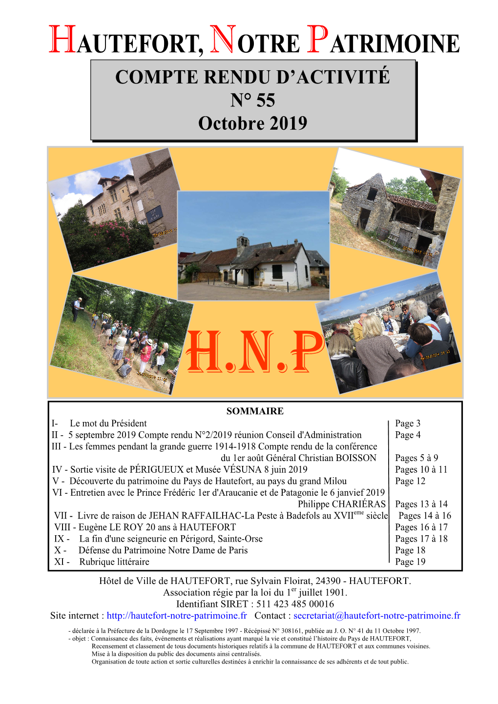 HAUTEFORT, NP OTRE ATRIMOINE COMPTE RENDU D’ACTIVITÉ N° 55 Octobre 2019