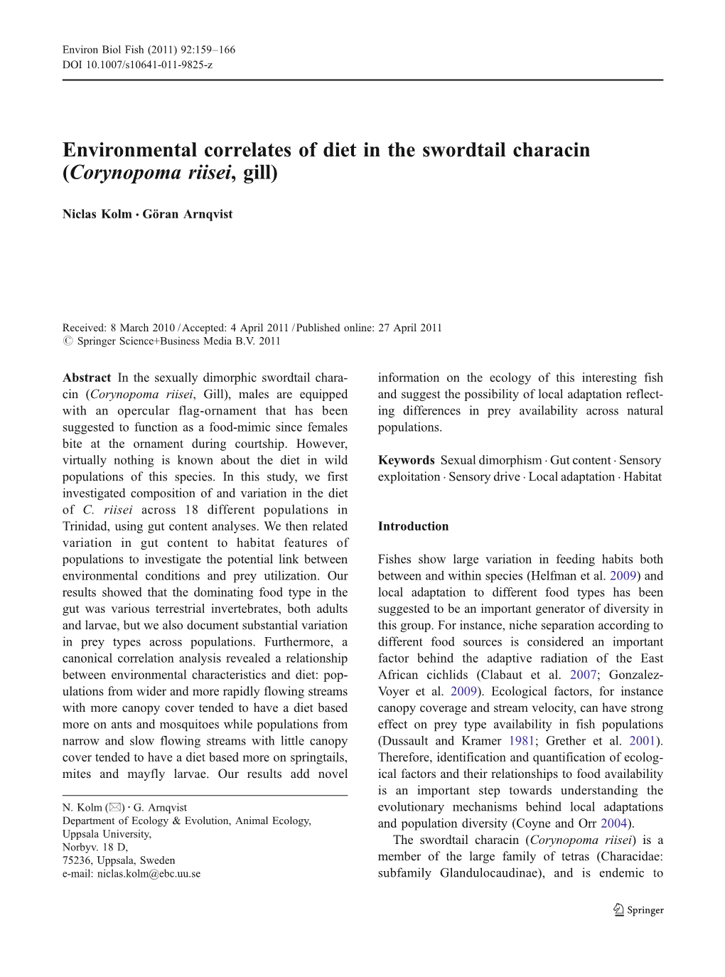 Environmental Correlates of Diet in the Swordtail Characin (Corynopoma Riisei, Gill)