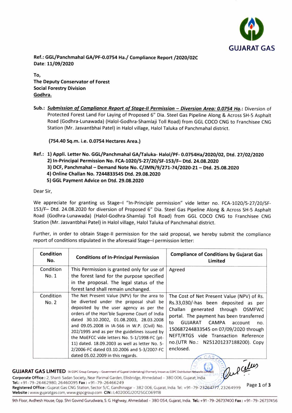 GUJARAT GAS Ref.: GGL/Panchmahal GA/PF-0.0754 Ha./ Compliance Report /2020/02C Date: 11/09/2020