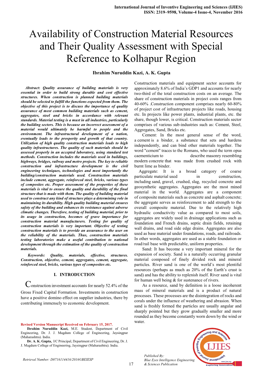 Availability of Construction Material Resources and Their Quality Assessment with Special Reference to Kolhapur Region