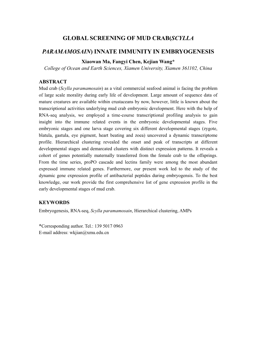 Global Screening of Mud Crab(Scylla Paramamosain) Innate Immunity In