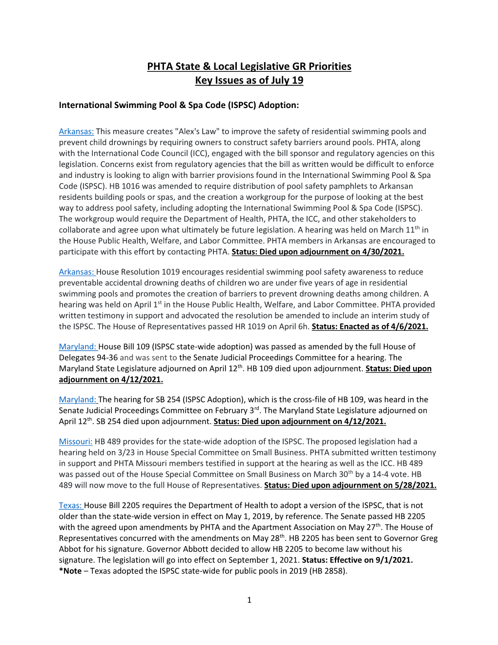 PHTA State & Local Legislative GR Priorities Key Issues As of July 19