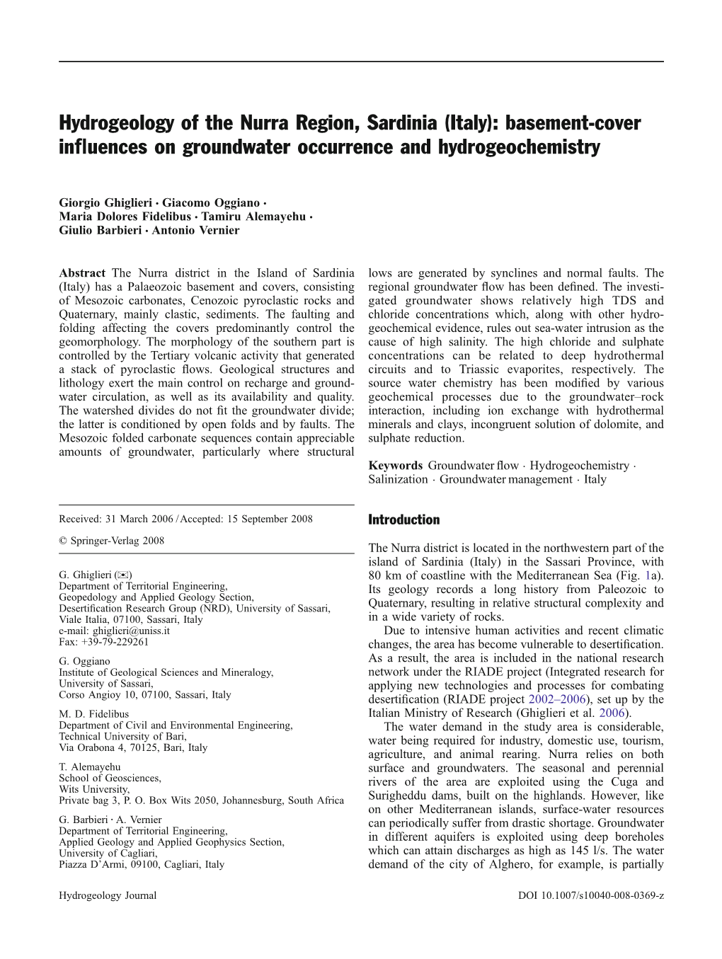 Hydrogeology of the Nurra Region, Sardinia (Italy): Basement-Cover Inﬂuences on Groundwater Occurrence and Hydrogeochemistry