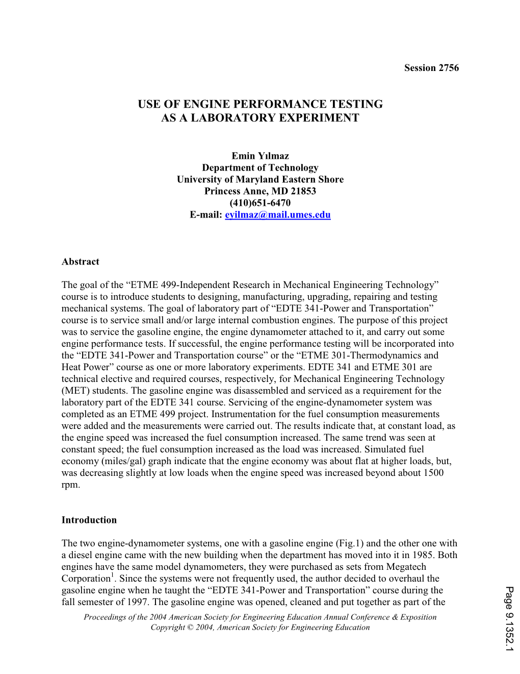 Use of Engine Performance Testing As a Laboratory Experiment