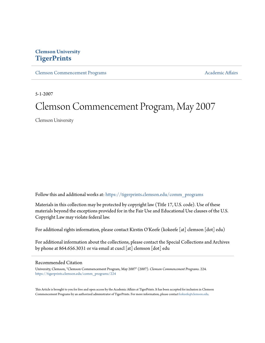 Clemson Commencement Program, May 2007 Clemson University