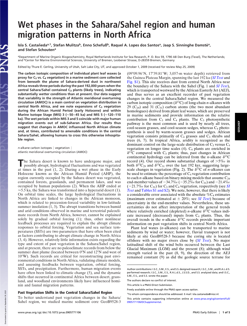 Wet Phases in the Sahara/Sahel Region and Human Migration Patterns in North Africa