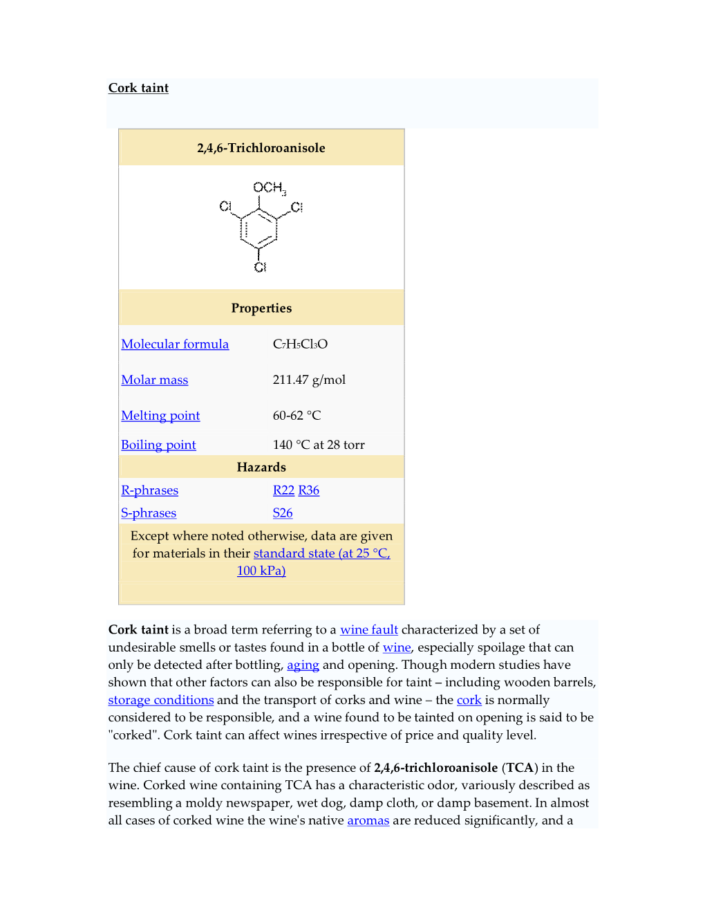 Cork Taint 2,4,6-Trichloroanisole Properties Molecular Formula