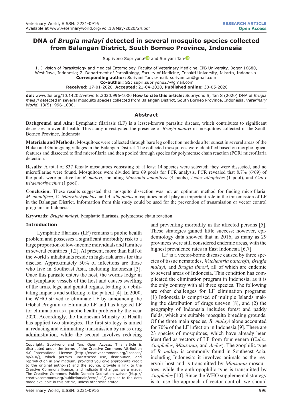 DNA of Brugia Malayi Detected in Several Mosquito Species Collected from Balangan District, South Borneo Province, Indonesia