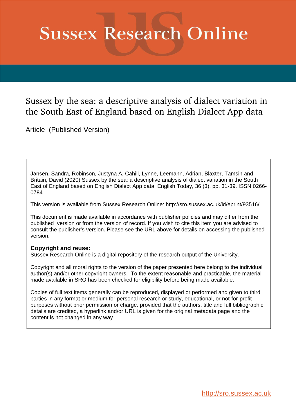 Sussex by the Sea: a Descriptive Analysis of Dialect Variation in the South East of England Based on English Dialect App Data