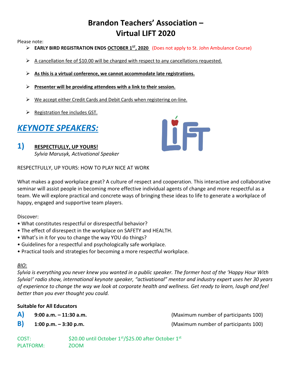 Brandon Teachers' Association – Virtual LIFT 2020