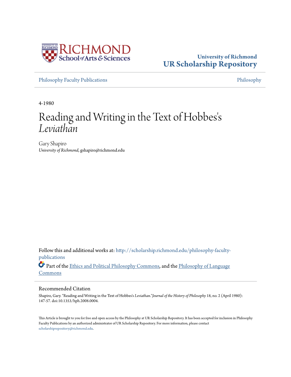 Reading and Writing in the Text of Hobbes's Leviathan Gary Shapiro University of Richmond, Gshapiro@Richmond.Edu