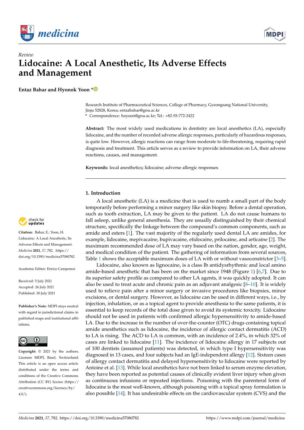 Lidocaine: a Local Anesthetic, Its Adverse Effects and Management