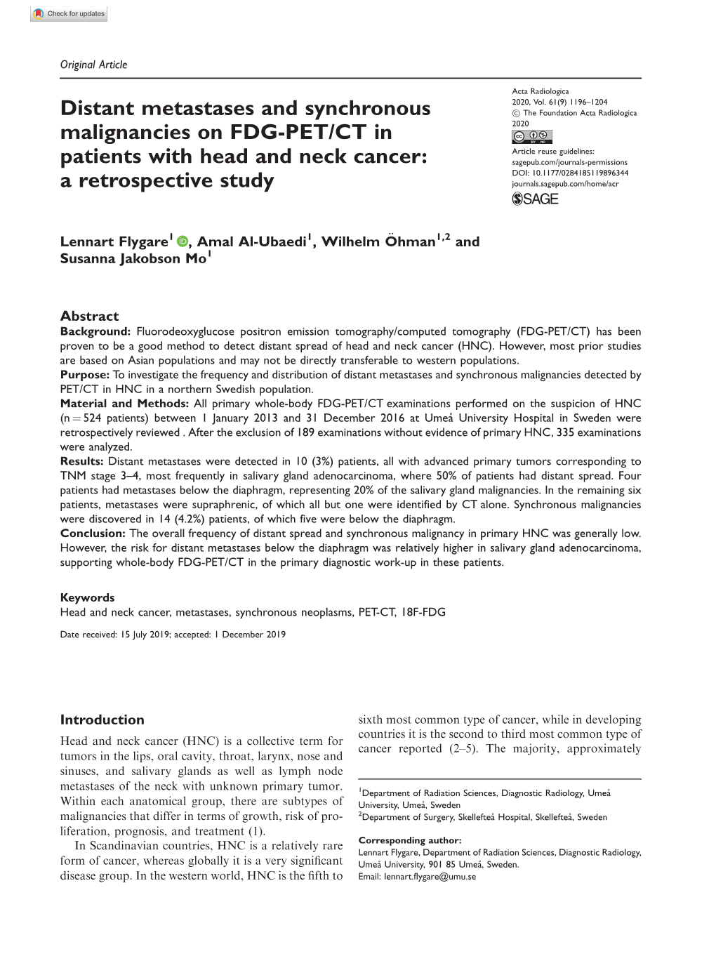 Distant Metastases and Synchronous Malignancies on FDG-PET/CT In