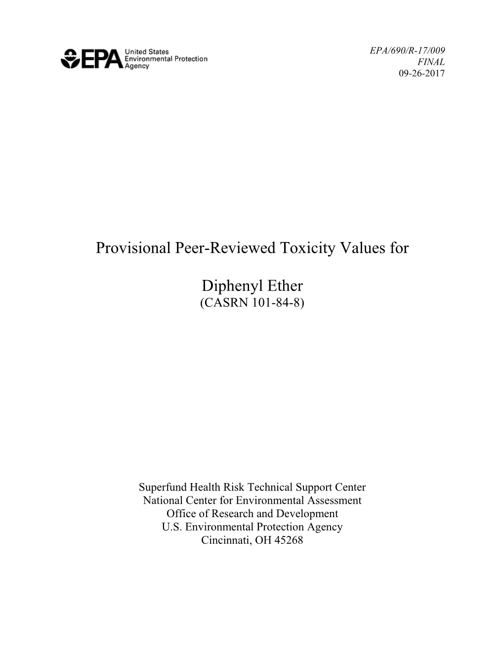 Provisional Peer-Reviewed Toxicity Values for Diphenyl Ether (Casrn 101-84-8)