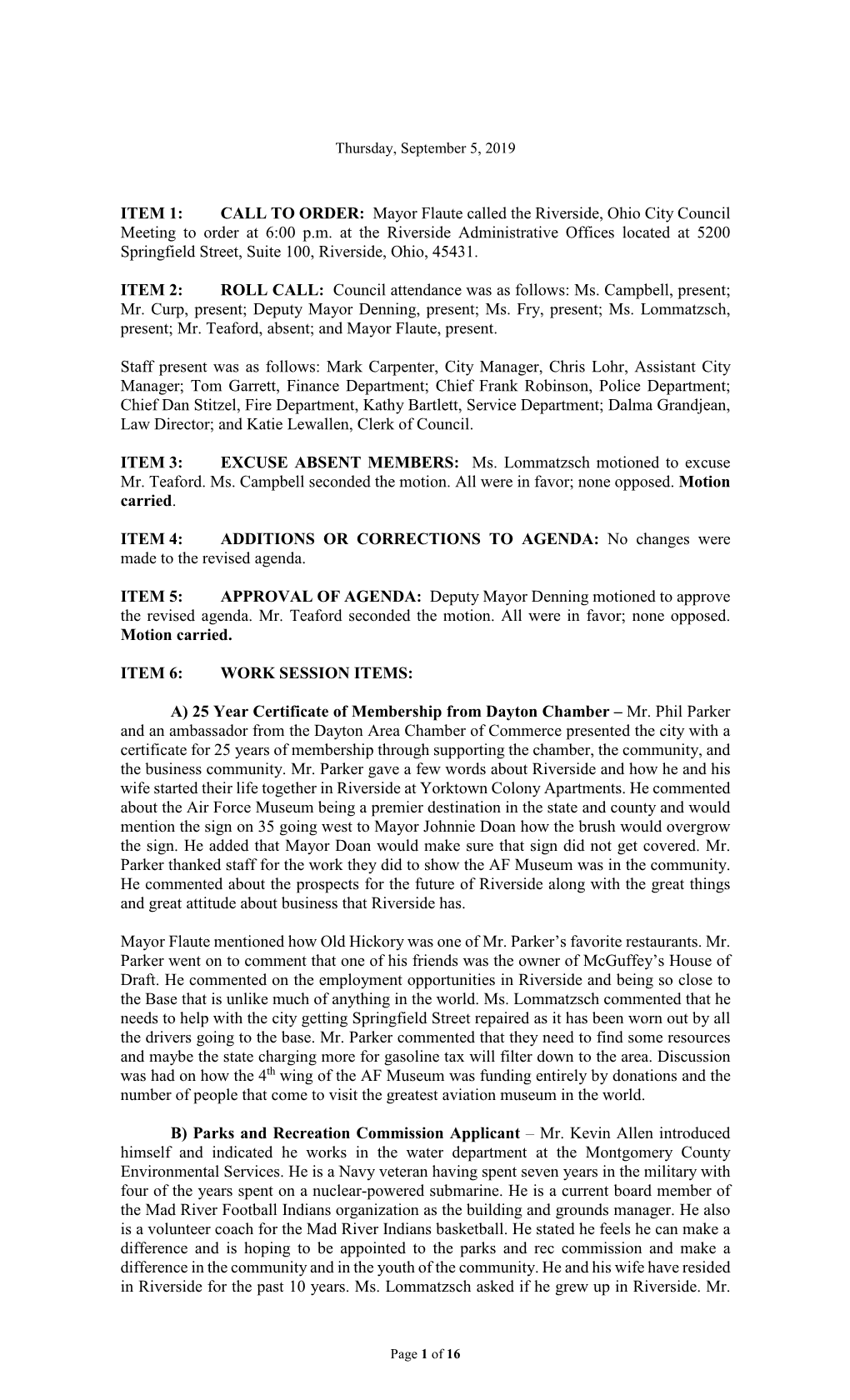 Council Meeting Minutes September 5, 2019