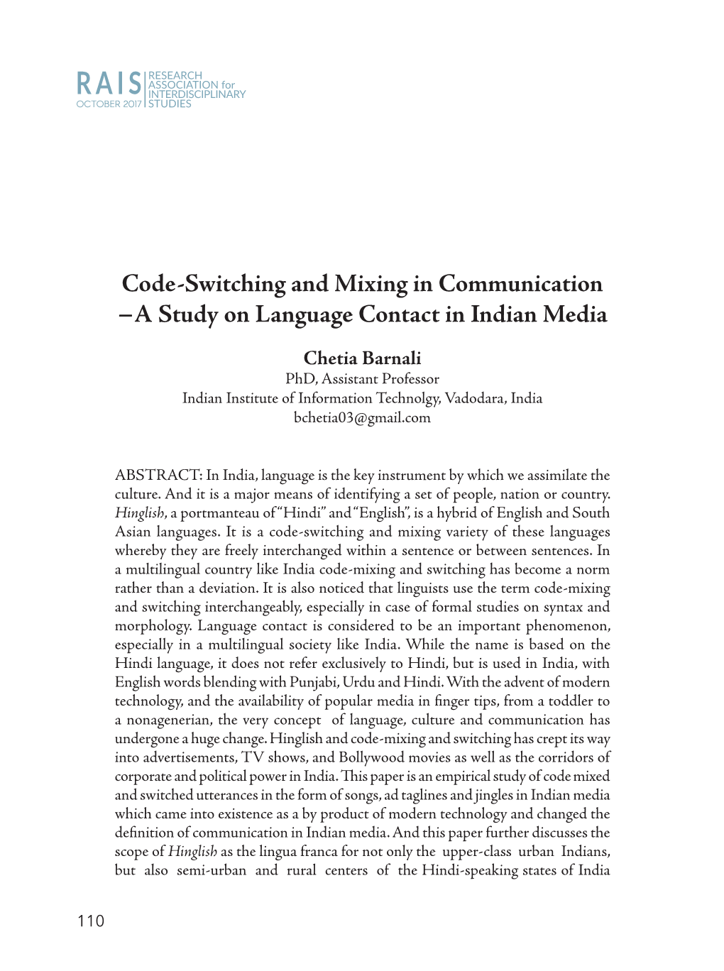 Code-Switching and Mixing in Communication −A Study on Language Contact in Indian Media