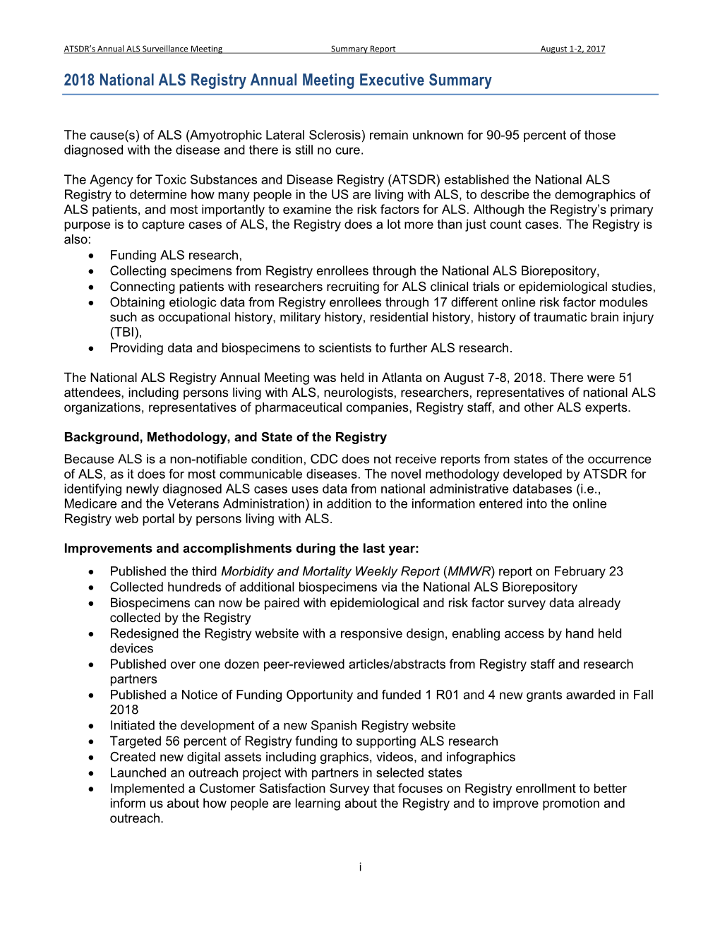 2018 National ALS Registry Annual Meeting Executive Summary